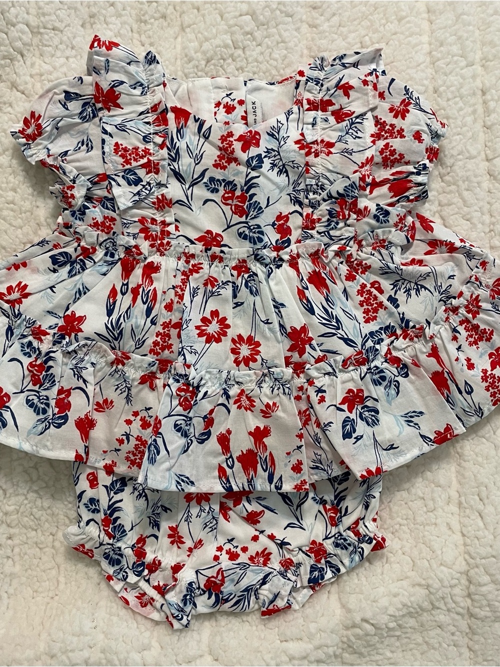 Janie and Jack White Floral Ruffle Baby Romper - Red & Navy